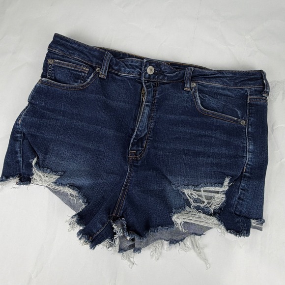 American Eagle Super Hi-Rise Shortie Distressed Denim Shorts Dark Wash Size 16 - Picture 12 of 12